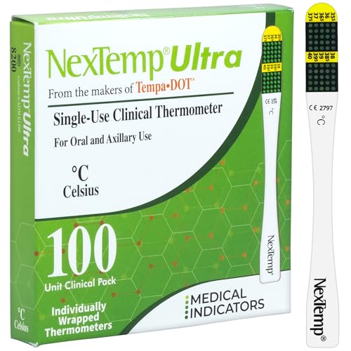 NexTemp Ultra Disposable Thermometer (100-Pack, Celsius) — Oral Thermometer for Adults, Single Use, Battery Free, Hygienic, High Accuracy Readings in 1 Minute, for Home, Clinic & Travel - size: 100 Pack, style: Celsius