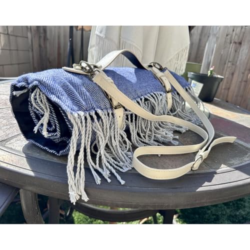 Picnic Blanket Extra Large Waterproof with Strap 59"x79" - Machine Washable Tassels Faux Wool Cashmere for Park, Grass, Camping, Hiking, Concerts (Blue with white shoulder strap, 59"X79") - color: Blue With White Shoulder Strap