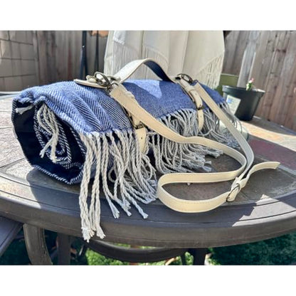 Picnic Blanket Extra Large Waterproof with Strap 59"x79" - Machine Washable Tassels Faux Wool Cashmere for Park, Grass, Camping, Hiking, Concerts (Blue with white shoulder strap, 59"X79") - color: Blue With White Shoulder Strap