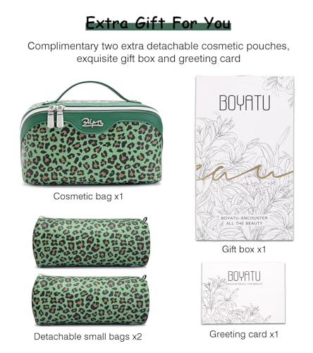 BOYATU Travel Makeup Bag Organizer: 3 Pcs Set Leopard Make up Bag for Women | Vegan Leather Cosmetic Bags with Compartments - Waterproof Toiletry Bag - 180° Open-Flat Make up Case for 3-15 Day Trips - color: 09-Green