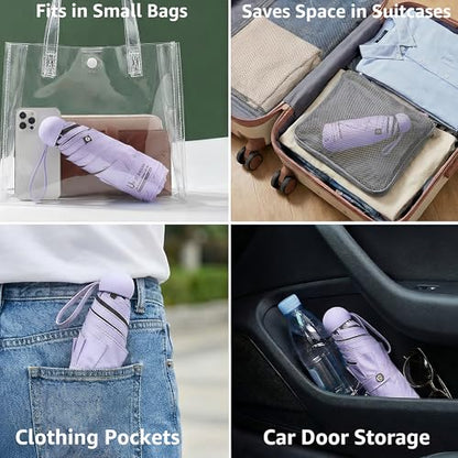 BAODINI Travel Essentials Mini Umbrella for Purse With Case Small Compact UV Sun Protection Lightweight Tiny Pocket Manual Open Close Umbrella for Women Kids and Men Fits Purse Backpack - color: B-Light Purple
