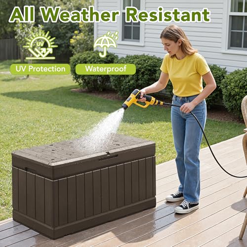 Devoko 78 Gallon Deck Box, Waterproof Resin Outdoor Storage Box for Outside and Patio, Outdoor Storage Bench Lockable for Patio Furniture, Garden Tools and Pool Supplies (Brown, 78 Gallon) - color: Brown, size: 78 Gallon 1 Pack