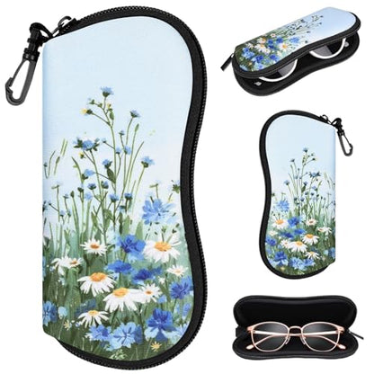 Sunglasses Case with Belt Clip, Ultra Light Neoprene Zipper Soft Padded Glasses Case for Women Men - color: Daisy