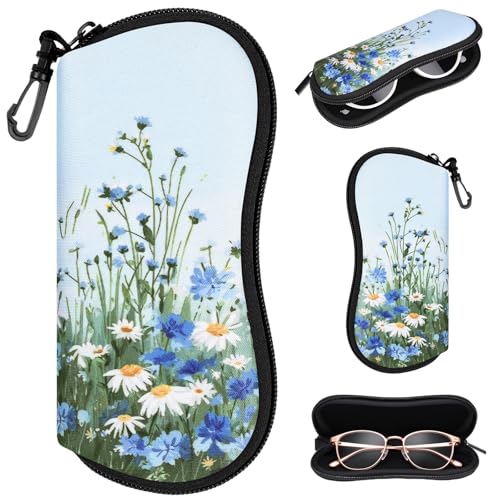 Sunglasses Case with Belt Clip, Ultra Light Neoprene Zipper Soft Padded Glasses Case for Women Men - color: Daisy