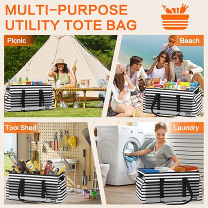 Extra Large Utility Tote Bag with Reflective Strip, Standing Reusable Grocery Bags with Hard Bottom, Collapsible Utility Tote with Handles for Shopping, Beach, Picnics, Car, Striped Black - color: Striped Black