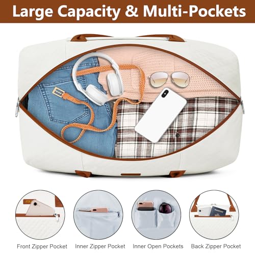 ITIEZY Weekender Overnight Bag for Women - Large Travel Duffel Bag with Shoe Compartment, Gym Duffel Bag Hospital Bag Carry On Tote Bags for Airplanes with Crossbody Bag Toiletry Bag 3Pcs Set - color: 9a-Beige