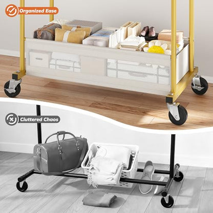 Clothes Rack, Double Rods Clothing Rack, Clothing Racks for Hanging Clothes, Rolling Clothes Rack with Storage Basket & Heavy Duty Wheels, Garment Rack for Bedroom, Laundry Room, Gold - color: Gold