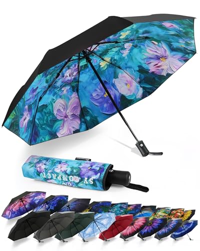 SY COMPACT Travel Umbrella - Windproof Automatic Compact Umbrella for Rain, Lightest 8-Rib, Small, Strong & Portable, Durable Grip, Fits Backpack & Car, Factory Direct (UV Available) - color: UPF-Iris