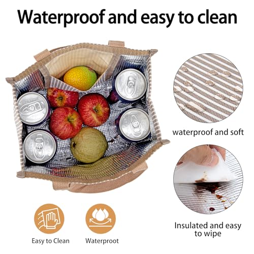 Insulated Lunch Bag for Work, 10.2"x5.9"x10.2" Oxford Waterproof Striped Canvas Tote Bag - color: Gold White