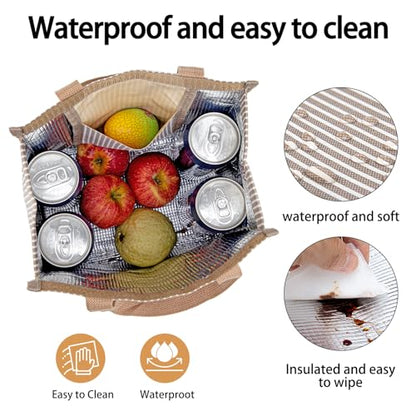 Insulated Lunch Bag for Work, 10.2"x5.9"x10.2" Oxford Waterproof Striped Canvas Tote Bag - color: Gold White