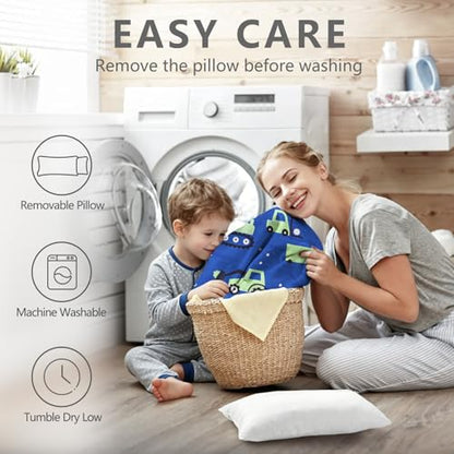 Primlect Thickened Toddler Nap Mat with Removable Pillow and Minky Blanket, Extra Large 55''x35'' Sleeping Bag, Washable, Roll up, Perfect for Daycare, Preschool, Kindergarten, Boys (Excavator) - color: Green Car