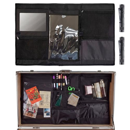 Sanwuta 30" L x 17.5" W Camp Trunk Organizer Trunk Lid Organizer for Summer Camp with 7 Pockets Plastic Mirror and Flashlight for Secure College Dorm Storage Chest