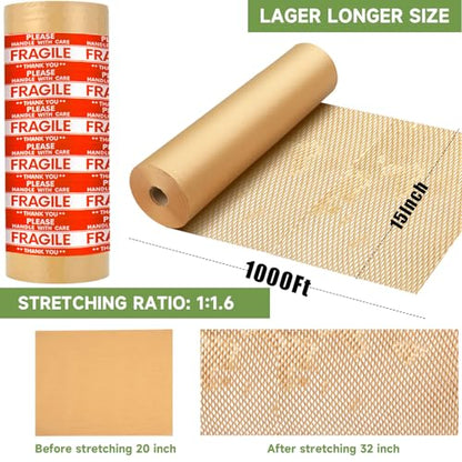 Honeycomb Packing Paper Wrap 15''x12000" (1000 ft), Substitute Alternative for Bubble Cushioning Wrap for Moving Shipping Packaging, Recyclable Moving Supplies with 48 Fragile Sticker Labels - size: 15''x1000'