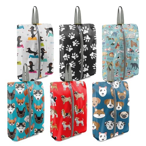 BeeGreen Dogs Shoe Bags 6 Pack for Travel with Handle as Packing Organizers for Suitcase and Luggage | Portable Nylon Storage Accessories for Vacations,Gym,Sport,Essential Gifts for Women and Men - style: Shoe Bag Animal 6-pack - All Dogs Series