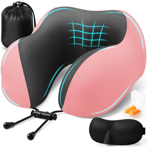 ExploreBliss Travel Pillow, Travel Pillows for Sleeping Airplane, Neck Pillow Airplane, Memory Foam Neck Pillow Set with Eye Mask, Earplugs and Storage Bag -Pink - color: Pink