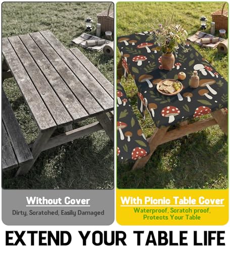 Picnic Table Cover with Bench Covers Elastic Tablecloth Camping Essentials Table Cloth Outdoor Glamping Cool Unique Fun Ideas Birthday Camping Gifts for Mother Mama Mommy Mom from Daughter Son Black - color: Black mushrooms, size: 96in