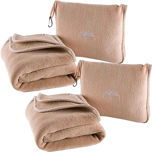 BlueHills Premium Soft 2-Pack Travel Blanket Pillows Airplane Large Plane Flight Throw Travel Blankets for Two in a Bag Compact Traveling Essentials Warm Travel Gifts Long Beige T205 - color: Beige-2pk-t205