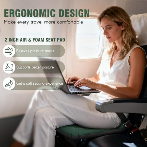 Inflatable Seat Cushion, Self-Inflating Memory Foam Stadium Seats Cushion Lightweight & Compact Chair Sitting Pad Airplane Cushion for Long Flight Travel Outdoor Camping Car Bleachers Office - color: 1 Pack Green