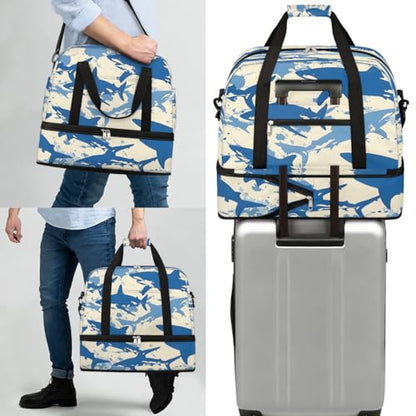 Travel Duffel Bag Shark Themed Weekender Bag with Shoe Compartment Foldable Overnight Bags for Travel Sports Lightweight Gym Bags for Men Women - color: Shark Themed