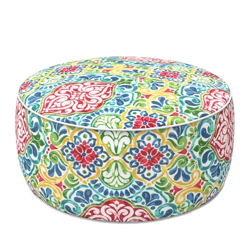 LVTXIII Indoor/Outdoor Inflatable Ottoman with Handle D21 x H9 Inch, Weather-Resistant Round Footstool Pouf for Patio Camping Living Room, Portable Footrest Extra Seating, Damask Red - color: Damask Red, size: 21"D x 21"W x 9"H