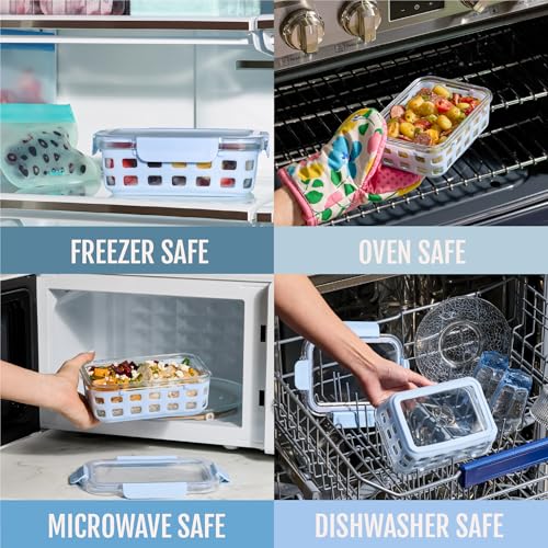 Ello Duraglass 3.4 Cup Meal Prep Sets 10Pc, 5 Pack Set- Glass Food Storage Container with Silicone Sleeve and Airtight BPA-Free Plastic Lids, Dishwasher, Microwave, and Freezer Safe, Halogen Blue - color: Halogen Blue with Sleeve