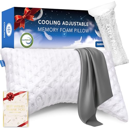 Cooling Side Sleeper Pillow for Neck and Shoulder Pain, Luxury Shredded Memory Foam Curved Bed Pillows for Sleeping Set of 1- Adjustable Queen Size- Washable Cover Crescent White&Extra Grey Pillowcase - color: Crescent White Pillow With Extra Grey Pillowc