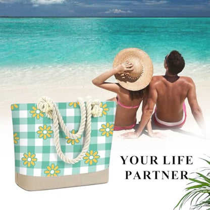 Fokongna Tote Bag For Women, Beach Bag Best Friend Travel Birthday Gifts, Travel Parties Vacation Shopping Essentials - color: Daisy Green Gingham