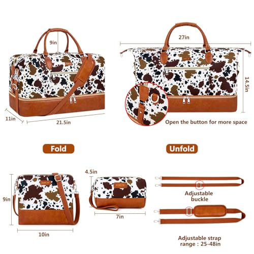 ITIEZY Weekender Overnight Bag for Women - Large Travel Duffel Bag with Shoe Compartment, Gym Duffel Bag Hospital Bag Carry On Tote Bags for Airplanes with Crossbody Bag Toiletry Bag 3Pcs Set - color: 5-Brown Cow