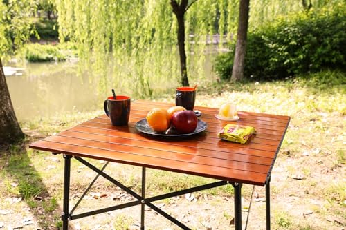 Portal Lightweight Aluminum Folding Square Table Roll Up Top 4 People Compact Table with Carry Bag for Camping, Picnic, Backyards, BBQ, Brown - color: Brown