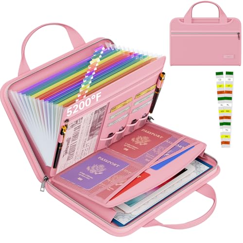 Tamfile Fireproof Accordion File Organizer with Handle, 13 Pocket Colorful Expanding File Folder with Zipper & Labels, File Folder with Multi-Pockets Paper Organizer Folder for Letter A4 Files (Pink) - color: Pink, style: Colour Pocket