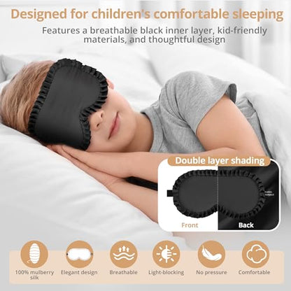 Kids Sleep Mask, 100% Real Mulberry Silk Eye Mask, Sleeping Mask for Kids with Adjustable Elastic Band, Soft & Light Blocking Eye Cover Gift for Boys Girls Teens Age 5+ (Black) - color: Black