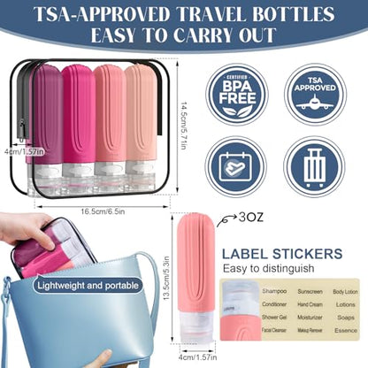 Travel Bottles for Toiletries, 3oz TSA Approved Travel Size Toiletries, Silicone Leak-Proof Refillable Containers, Squeezable Liquid Essentials Bottles W/Clear Bag (RED) - color: RED