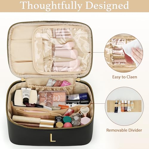 Personalized Initial Makeup Bag Gifts for Women, Large Travel Cosmetic Organizer with Handle & Divider, PU Leather Toiletry Bag for Girls, Birthday Bridesmaid Gift Set - Black - L - color: Black, style: L