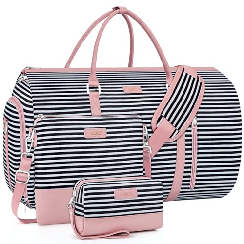 Convertible 2-in-1 Garment Bags for Travel, Carry On Garment Duffle Bag With Shoe Compartment Large Weekender Bag for Women Men Hanging Suitcase Suit Travel Duffel Overnight Bags 4pcs Set - color: Black White Stripe