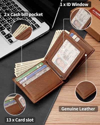 Artpaxy Mens Wallet Genuine Leather Bifold RFID Blocking Wallet for Men with 1 ID Window 13 Card Holders 2 cash pockets 1 Gift Box - color: Brown