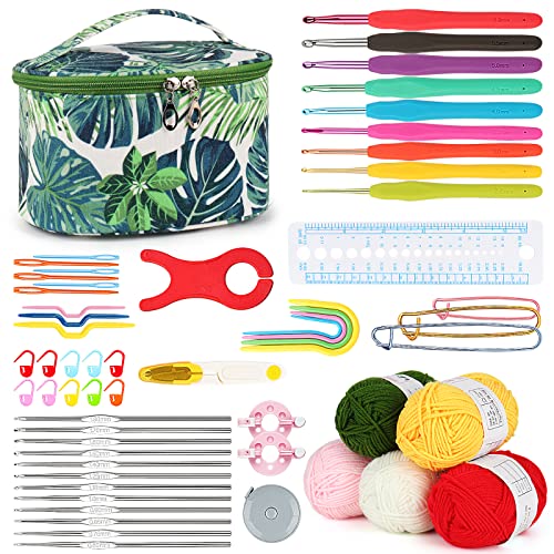 Aeelike Crochet Kits for Beginners with Yarn, Learn to Crochet Set Included Crochet Hooks Supplies DIY Tools,Crocheting Kit for Adults Kids with Portable Green Leaves Bag - color: green leaves