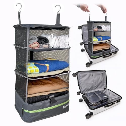 Grand Fusion Stow-N-Go Hanging Travel Shelves, Packing Organizer for Luggage. Carry on Closet for Suitcase. Expandable Packing Cube. Travel Essentials. (Dark Gray - L, L = (L) 11.8" x (W) 11.8") - color: Dark Gray, size: L = (L) 11.8" x (W) 11.8"