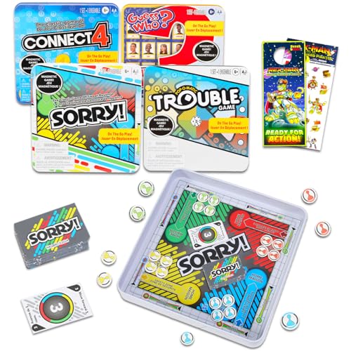 Hasbro Gaming Magnetic Game Travel Set for Kids - Bundle with 4 Travel Games in Tin Featuring Connect 4, Sorry, Trouble, Guess Who Plus Stickers | Travel Games for Kids 8-12