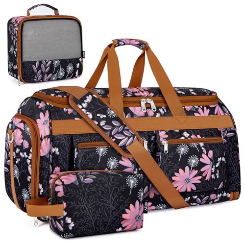 Convertible Garment Duffel Bags for Travel - Carry on Garment Duffle with Toiletry Bag Storage Bag Large Travel Duffel Bag 2 in 1 Hanging Suit Bag Weekender Bag for Men Women 3pcs Set - color: A03-black flower
