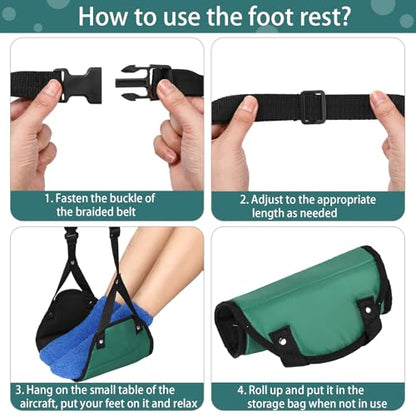 Yerliker Airplane Foot Hammock(Memory Foam) with Earplugs and Eye Mask Travel Necessities Adjustable Airplane Desk Foot Rest for Long Trip Pain and Swelling Relief(Green) - color: Green