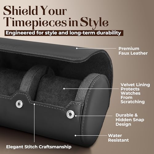 Luxury Father's Gift, Travel Watch Case 3 Slots, Bonus Pouch Included, Portable Organizer, PU Leather Watch Roll, Home Storage, Angled Easy-Removal Cushions, Scratch-Resistant Padded Velvet Lining - color: Black/Grey