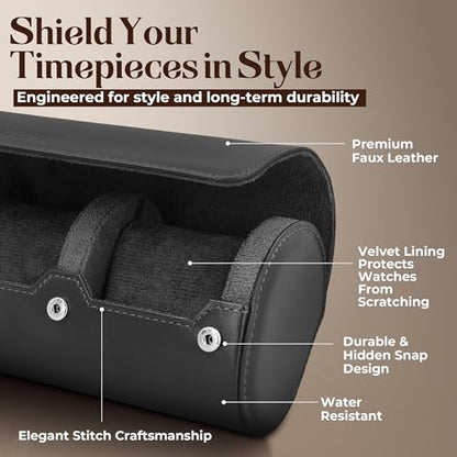 Luxury Father's Gift, Travel Watch Case 3 Slots, Bonus Pouch Included, Portable Organizer, PU Leather Watch Roll, Home Storage, Angled Easy-Removal Cushions, Scratch-Resistant Padded Velvet Lining - color: Black/Grey