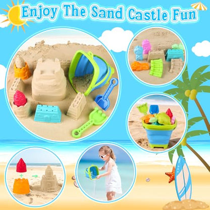 Collapsible Beach Toys for Kids Toddlers, Foldable Sand Bucket and Shovels Set with Mesh Bag & Sand Castle Building Kit, Travel Sand Toys for Beach Essentials, Sandbox Toys for Baby Kids Age 3-10