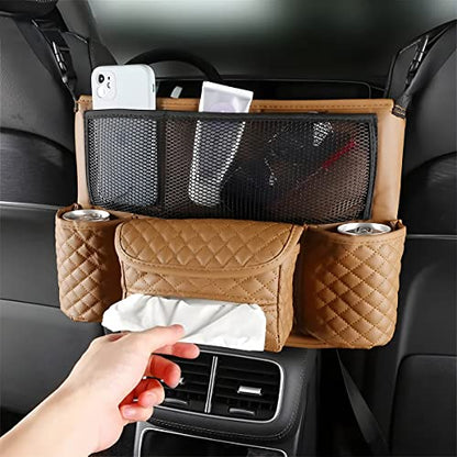 XINLIYA Car Handbag Holder Between Seats, PU Leather Multi-Pocket Large Capacity Purse Holder, Auto Net Bag Barrier of Backseat Pet Kids, Car Seat Organizers and Storage for Cargo Tissue Cup（Brown） - color: Brown
