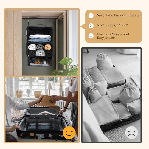Surblue Hanging Shelves Travel Storage Bag Compression Packing Cube for Suitcase Portable Closet Organizer Collapsible with Extension Layer Large Capacity,Black,XXL - color: A-Black, size: XXL 15.7*11.8*23.6in