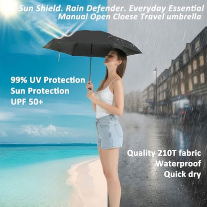 BAODINI Travel Essentials Mini Umbrella for Purse With Case Small Compact UV Sun Protection Lightweight Tiny Pocket Manual Open Close Umbrella for Women Kids and Men Fits Purse Backpack - color: A-2 Pack Black