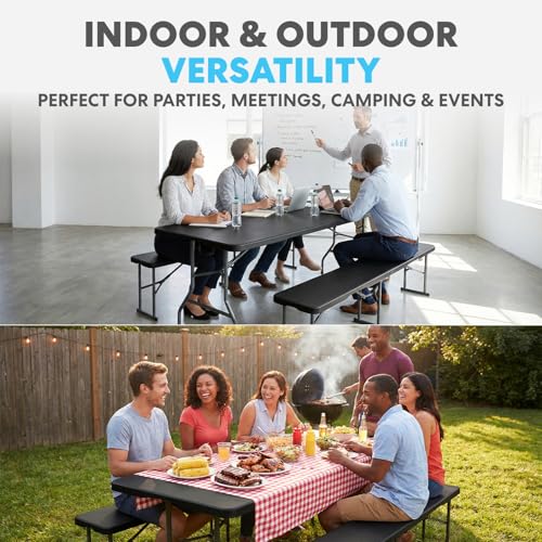 Simpli-Magic 6 Foot Folding Picnic Table Set with 2 Benches Portable Indoor Outdoor Camping Table for Working Meeting Party Picnic Weddings with Handle and Safety Locks Black - size: 6 feet Table Set