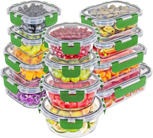 Magic Mill Premium Borosilicate Glass Food Storage Containers with lids Set | 24pc Sets with 12 Bowls & 12 Airtight Locking Lids for Lunch & Meal Prep, Safe for Oven, Freezer, Dishwasher, BPA-Free - color: Green