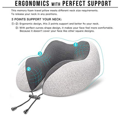 MLVOC Neck Pillow for Traveling, Upgraded 100% Pure Memory Foam Travel Neck Pillow for Airplane Flight Sleep, Breathable & Machine Washable Cover, Travel Kit with 3D Eye Mask, Earplugs & Bag, Grey - color: Grey