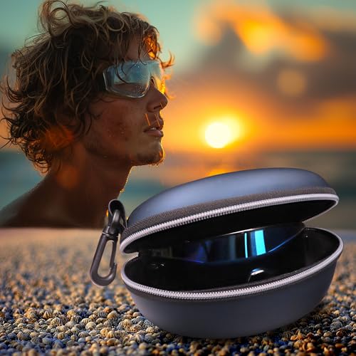 MyEyeglassCase Sports Sunglasses Case and Slim wallet Semi hard large glasses case w/belt clip soft pouch & cloth - color: B701 XL Blue/Blue